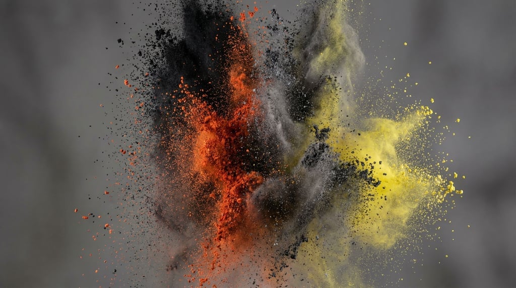 Pigment powder explosion mid-air, multiple colors colliding and mixing, frozen by flash (hzraomot)