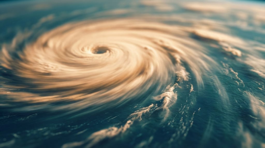 Satellite image of a hurricane eye, spiral cloud bands in white against deep blue ocean (ot9pgcqm)