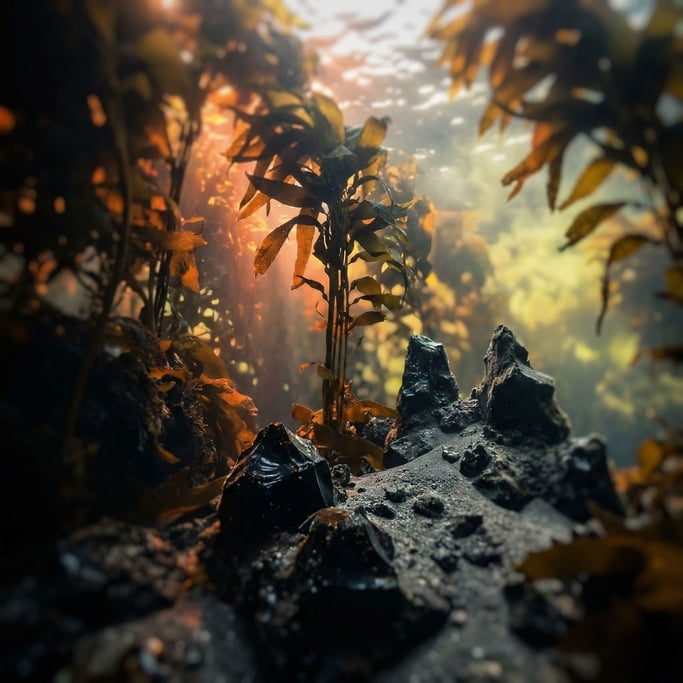 Kelp forest canopy from below, sunlight filtering through amber-green fronds, underwater cathedral (w730)