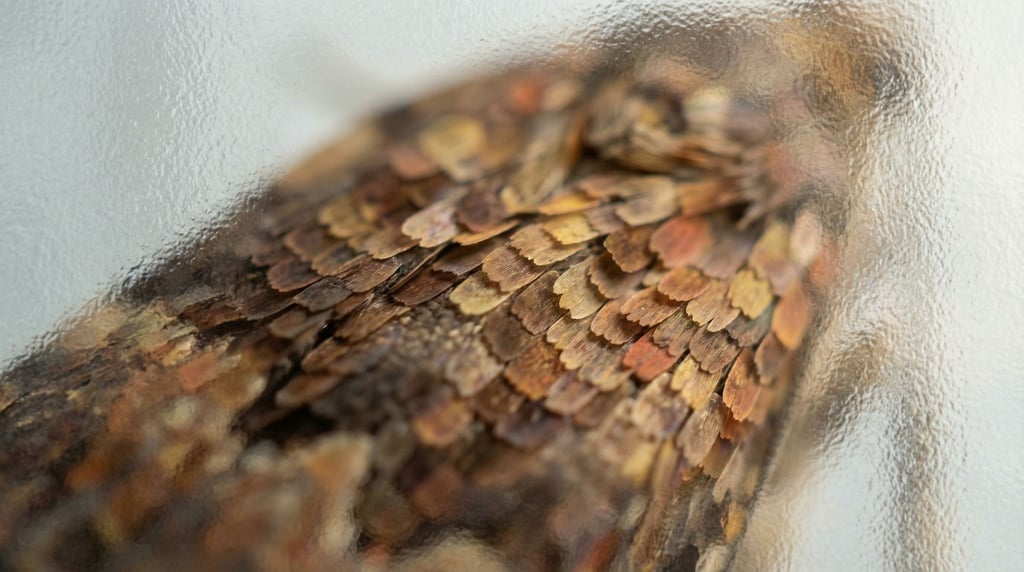 A macro of moth wing scales, overlapping like shingles, structural color shifting with angle (hbivan4u)