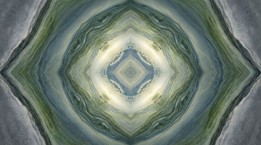 Algae bloom on a lake surface, abstract green and blue organic patterns from above (rxdiq6lc)