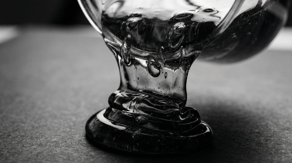 Resin being poured over a surface, clear viscous flow with trapped air bubbles catching light (ojcn9slm)