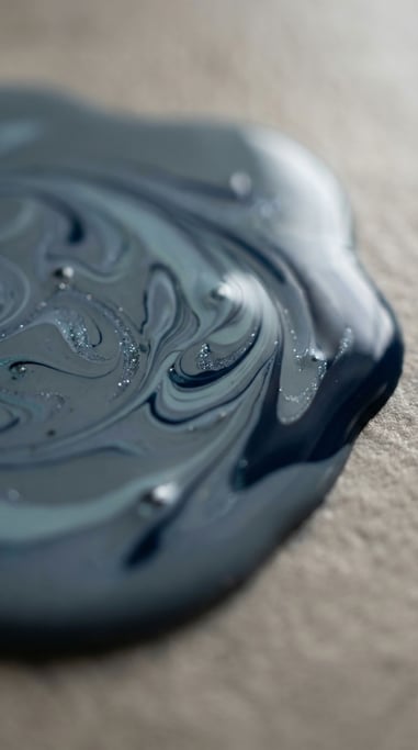 A puddle of spilled nail polish in multiple colors, swirled but not mixed, still wet (z02zwn1x)