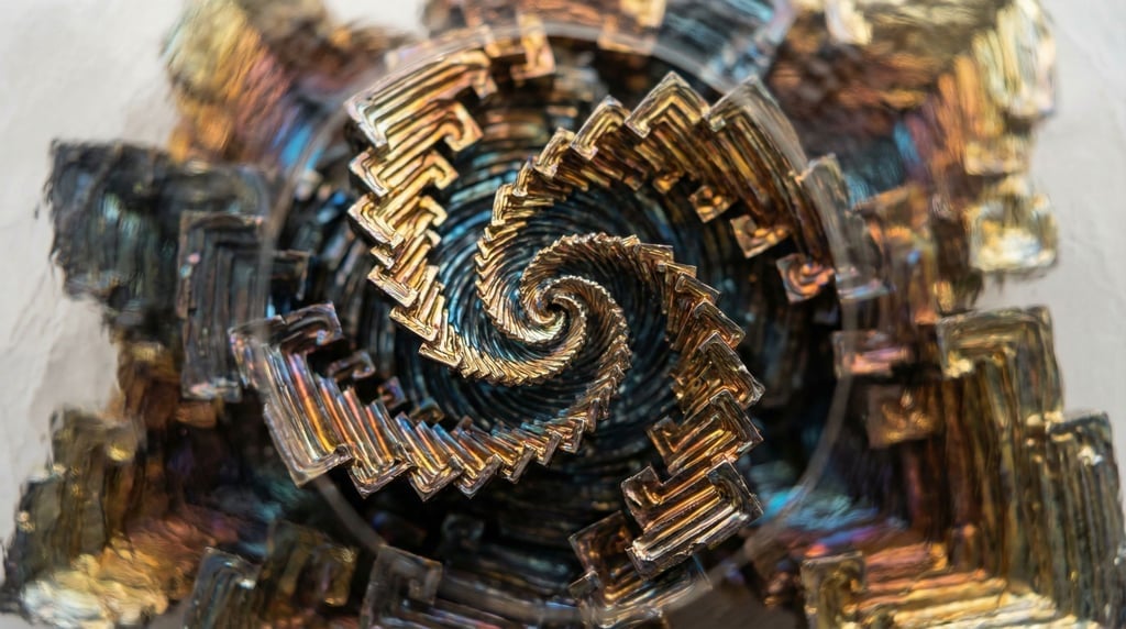 Bismuth crystal, iridescent staircase geometry in rainbow oxide colors, macro shot (u)