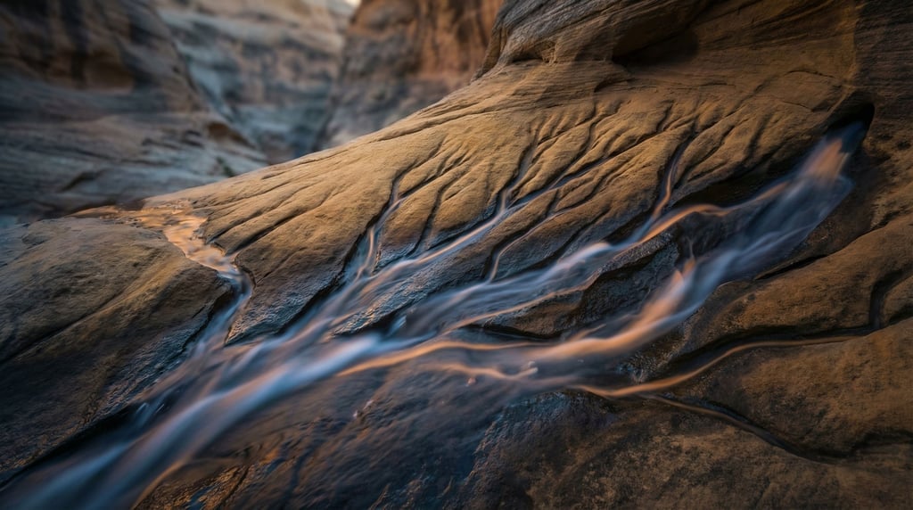 Erosion channels carved in soft sandstone by water, branching patterns like a vascular system (foof87io)