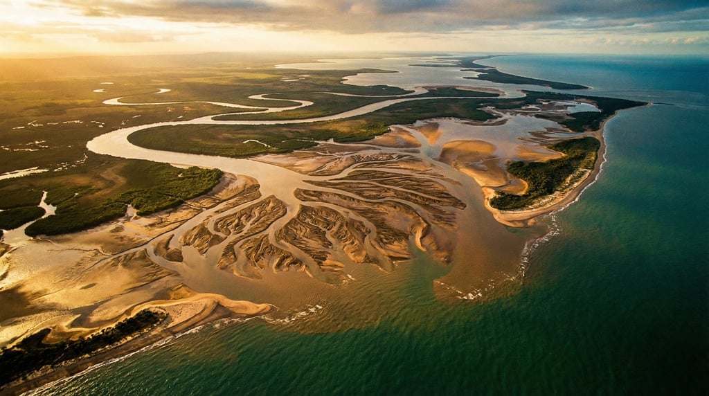 Aerial panorama of a winding river delta meeting the ocean