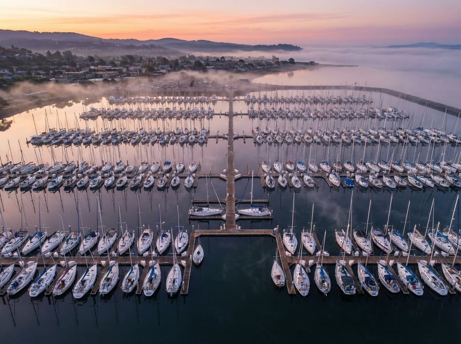 Drone perspective of a marina harbor at dawn with rows of white sailboats on glassy dark blue water