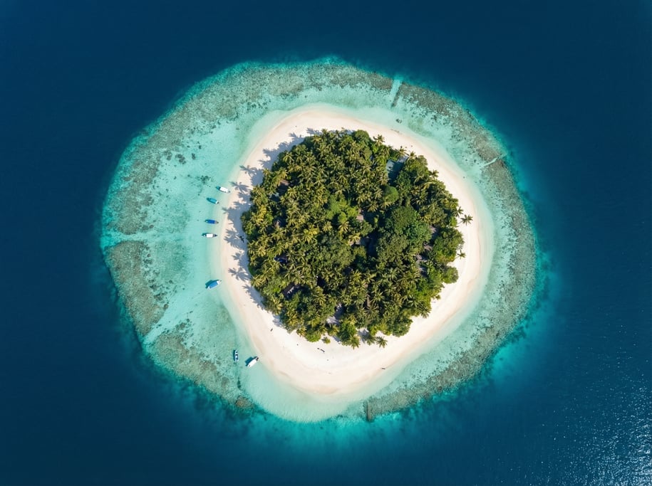 Aerial perspective of a tropical island from above, showing the white sand ring