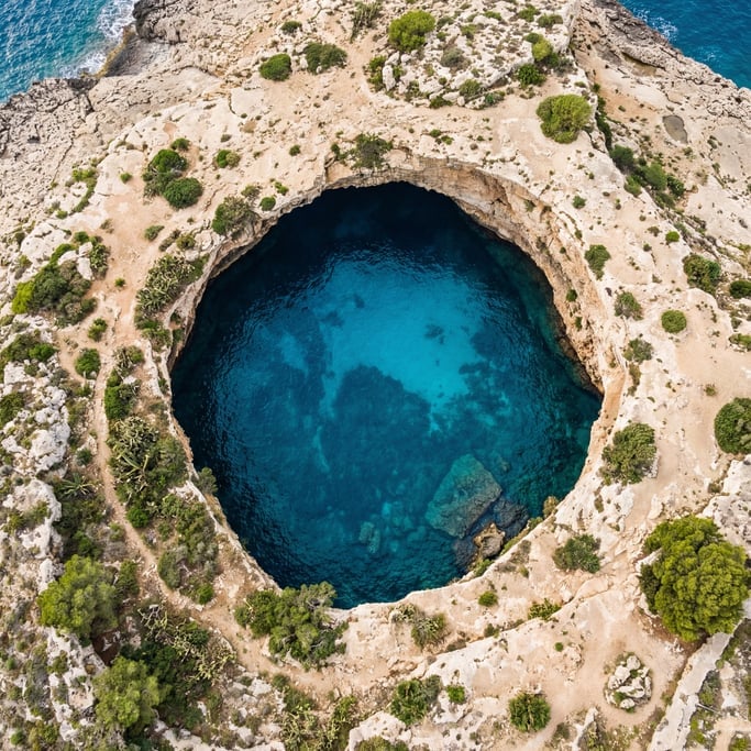 Top-down aerial of a circular natural sinkhole in coastal limestone filled with deep azure blue wate