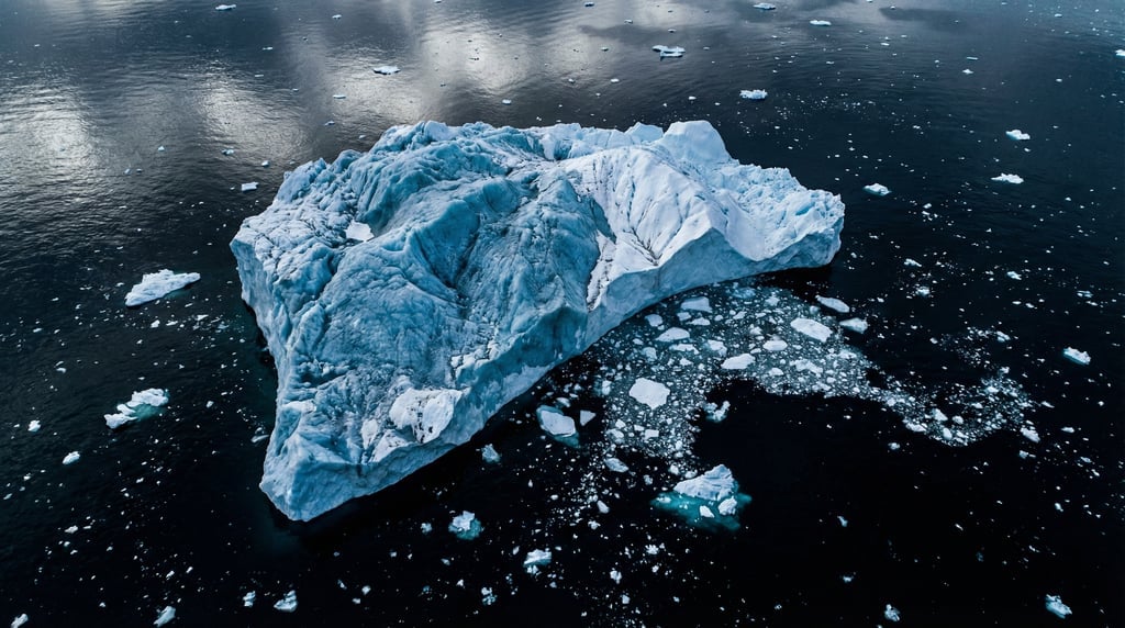 Wide drone view of an iceberg floating in dark arctic water