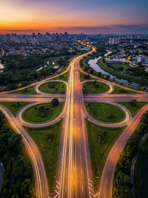 Top-down view of a highway cloverleaf interchange at dusk with sweeping curved ramps