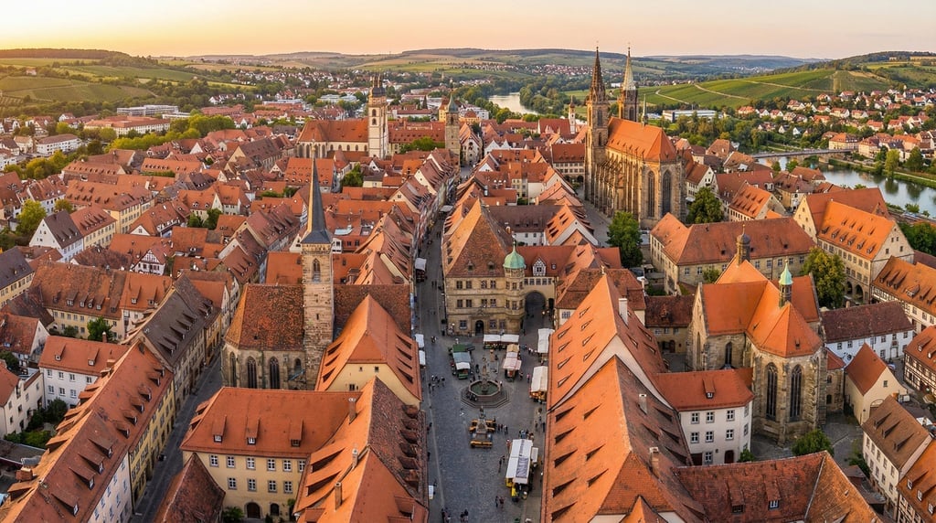 Aerial panorama of a European old town with terracotta rooftop tiles in warm orange and red