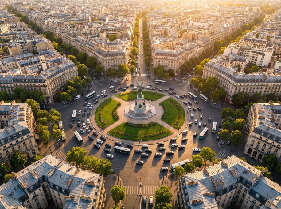 Drone view of a large roundabout in a city with cars circling