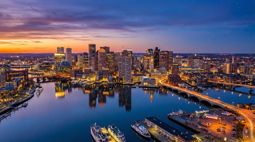 Wide aerial view of a waterfront cityscape at twilight, the skyline reflecting in a calm harbor