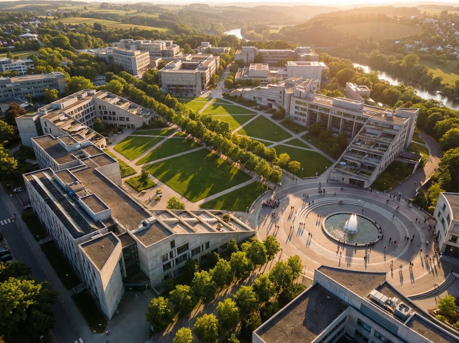 Aerial view of a modern university campus with geometric concrete buildings, green quadrangles