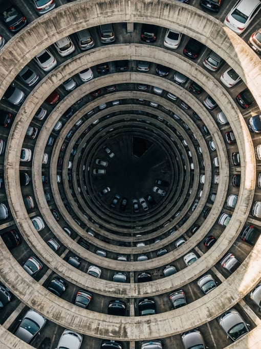 Top-down shot of a spiral parking ramp from directly above