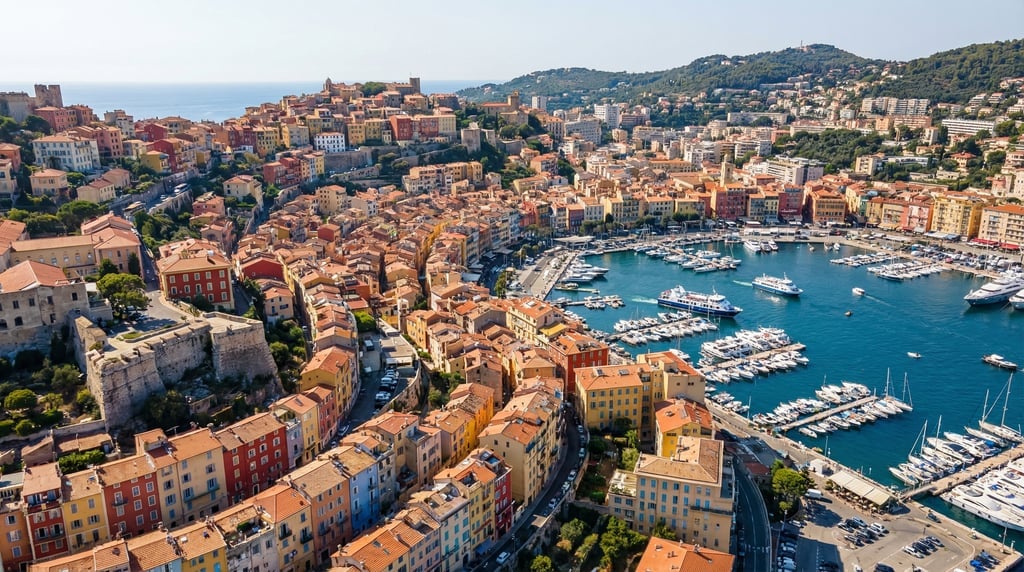 Drone panorama of a coastal city built on hills with colorful houses cascading down to a blue harbor