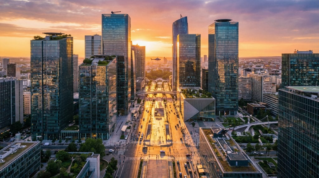 Wide aerial of a modern financial district with glass skyscraper rooftops reflecting the sky