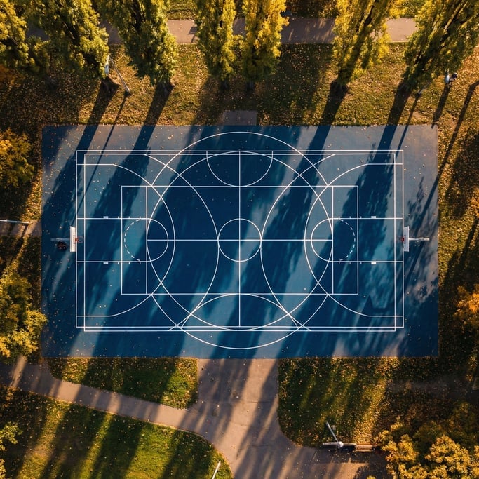Overhead drone shot of a basketball court from directly above