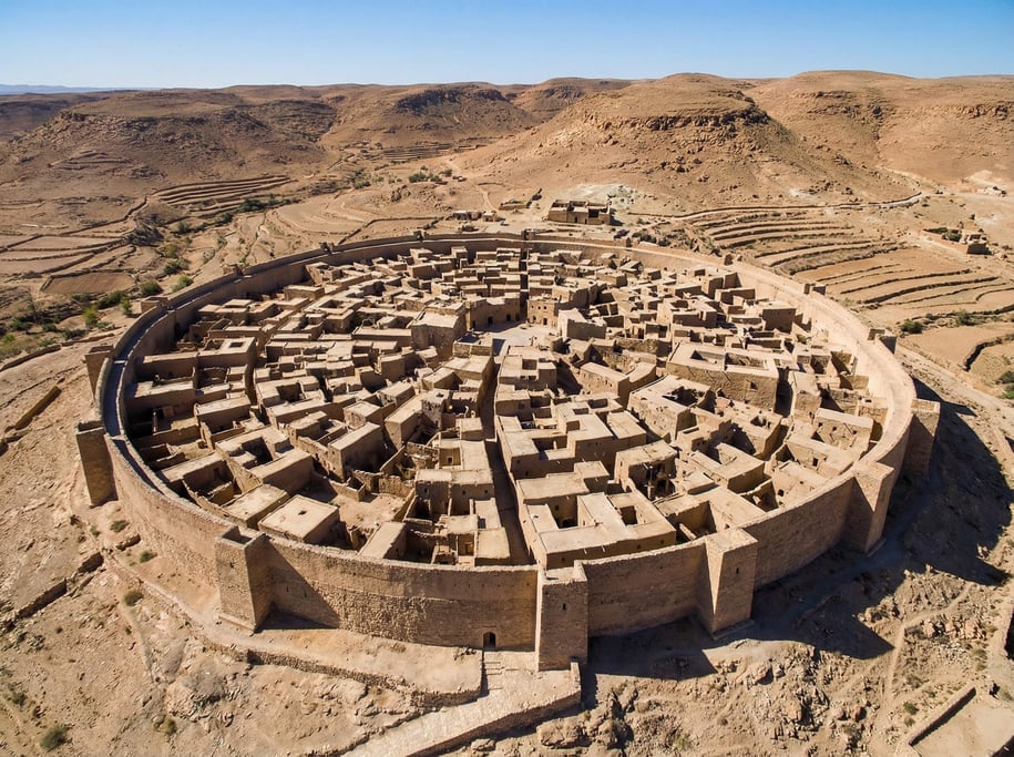 Aerial view of an ancient walled city from above showing the circular fortification walls
