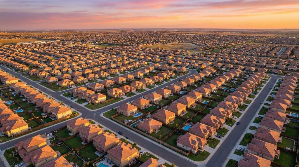 Wide drone view of suburban sprawl at sunset with identical houses in curving cul-de-sac streets