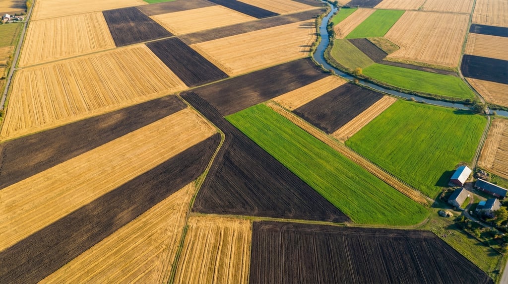 Overhead drone view of geometric farmland in autumn with alternating strips of golden harvested whea