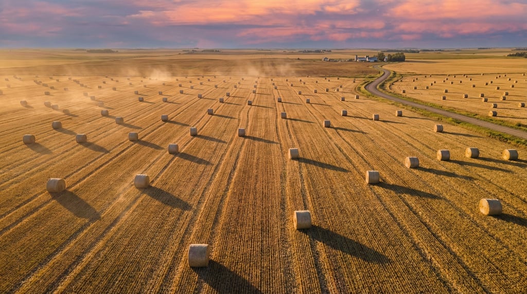 Drone panorama of harvested hay bales scattered across a golden stubble field