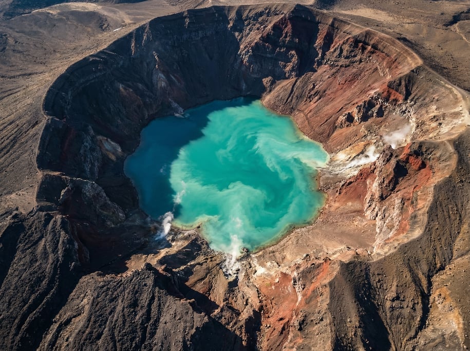 Aerial perspective of a volcanic crater lake in vivid mineral blue-green surrounded by dark charcoal