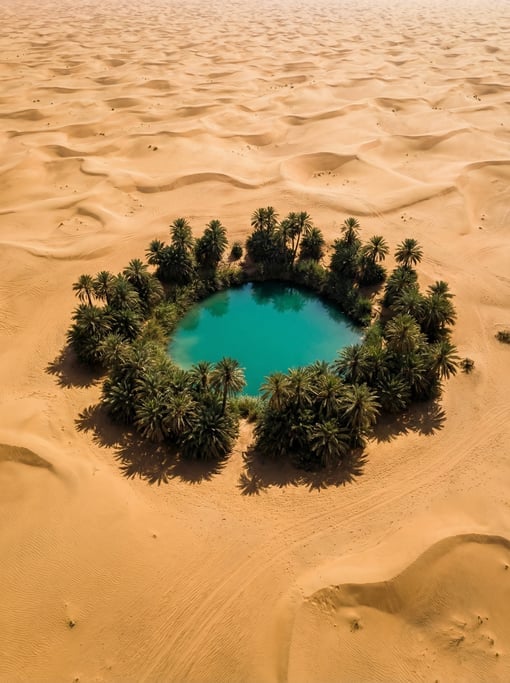 Top-down shot of an oasis surrounded by sand dunes