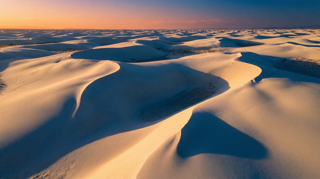 Wide aerial of white gypsum sand dunes creating smooth flowing curves and sharp ridge lines