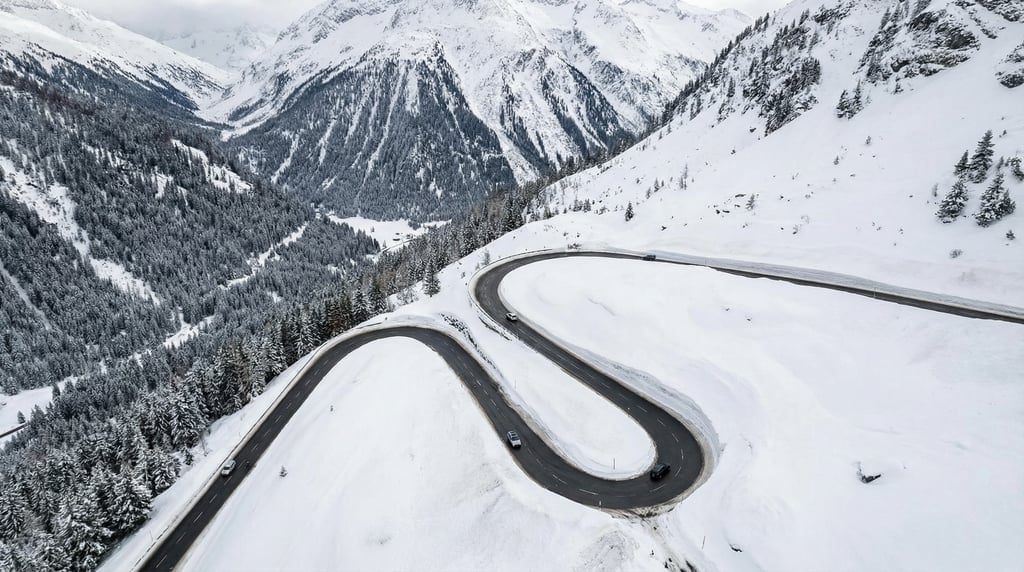 Aerial view of a snow-covered mountain pass road with hairpin curves