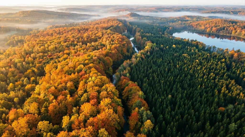 Wide aerial panorama of a mixed forest transitioning from deciduous trees in autumn gold to evergree