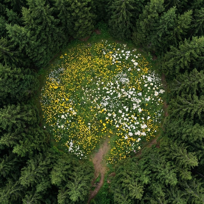 Overhead shot of a forest clearing with a small circular meadow of wildflowers in yellow and white