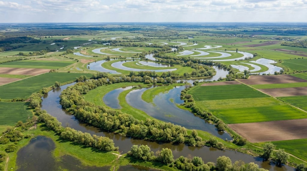 Wide aerial of a river floodplain in spring with the meandering watercourse