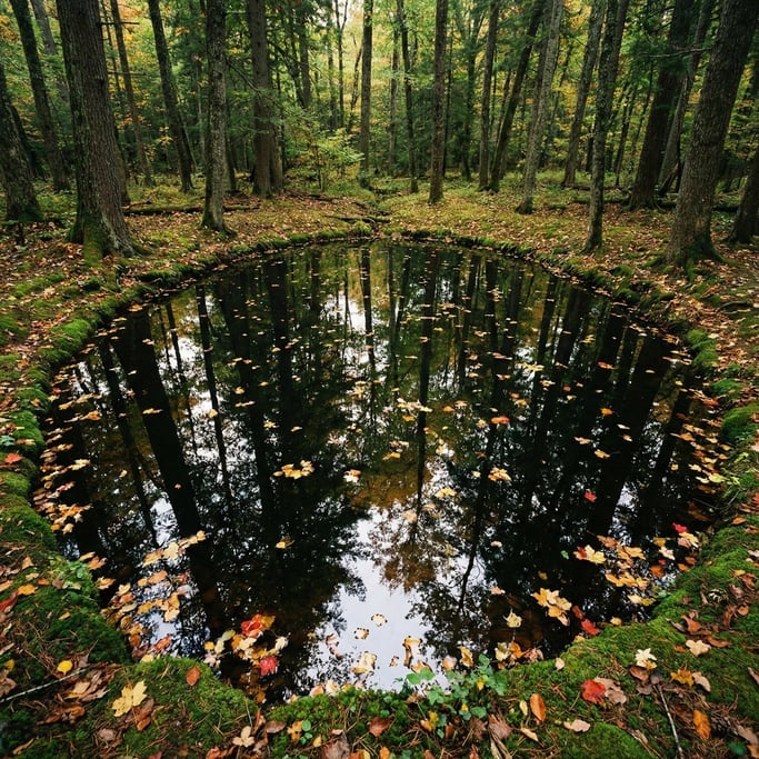 Overhead shot of a perfectly circular pond in a forest