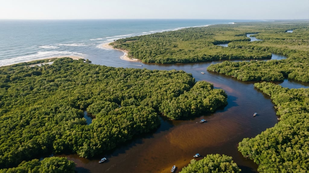 Wide aerial of a coastal mangrove forest at high tide, the green canopy above dark water