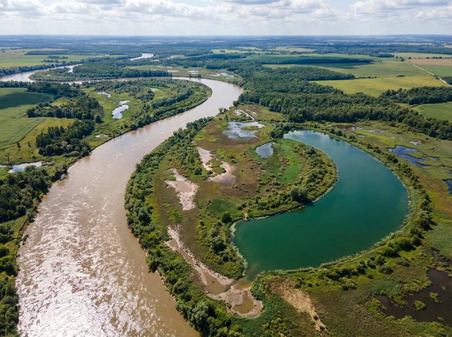 Drone view of a river meander from above with a crescent-shaped oxbow lake cut off from the main cha