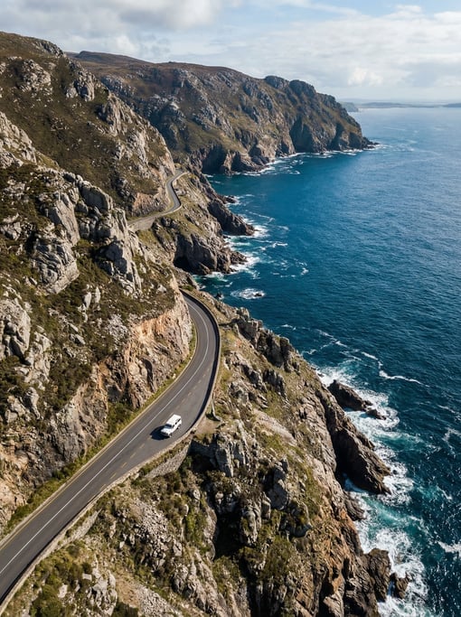 Drone view of a single-lane coastal road winding along dramatic cliff edges above deep blue ocean