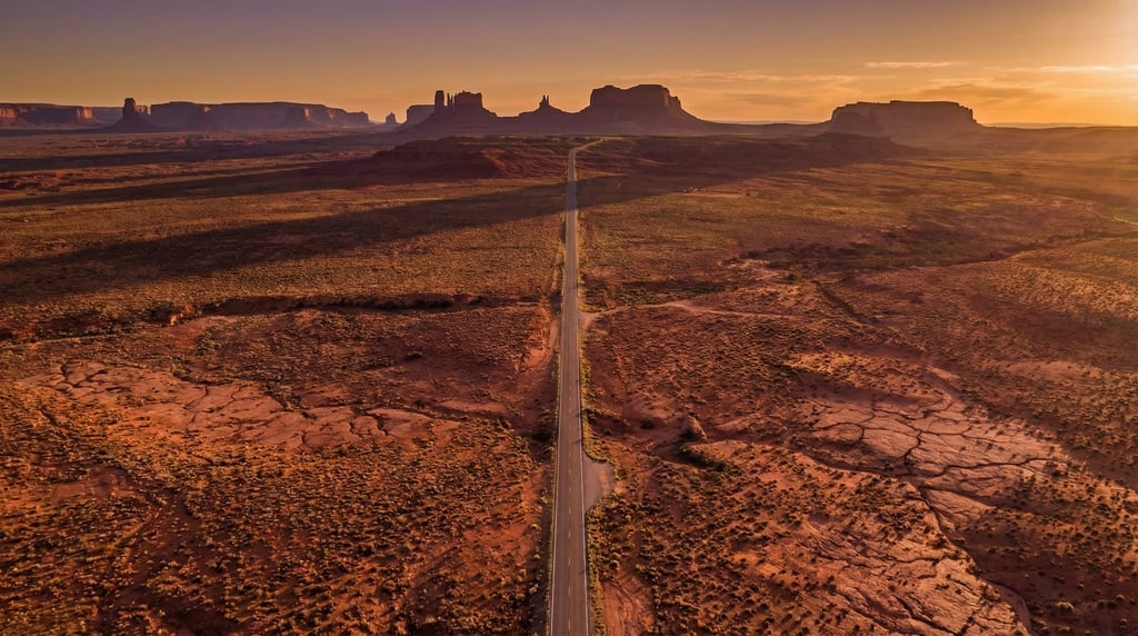 Aerial perspective of a straight desert highway vanishing to the horizon