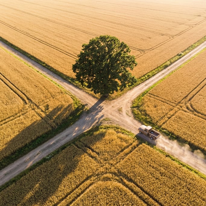 Overhead drone shot of a rural crossroads intersection with four dirt tracks meeting at right angles