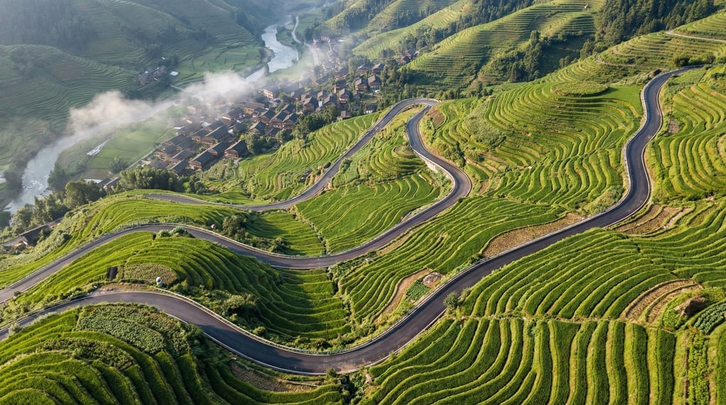 Wide drone shot of a winding mountain road through terraced hillside farms