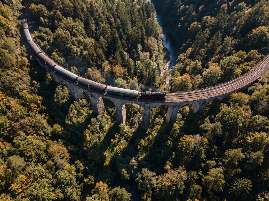 Top-down view of a train on a curved viaduct crossing a deep forested valley