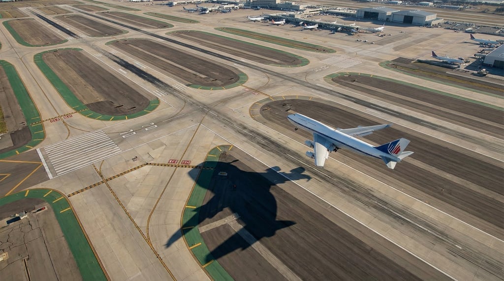 Wide aerial of an airport runway system with intersecting concrete strips, taxiway markings