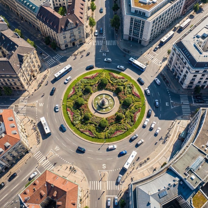 Overhead shot of a traffic roundabout with a planted garden island at center