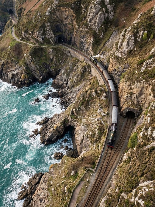 Top-down drone view of a winding coastal railroad hugging cliff edges above the sea