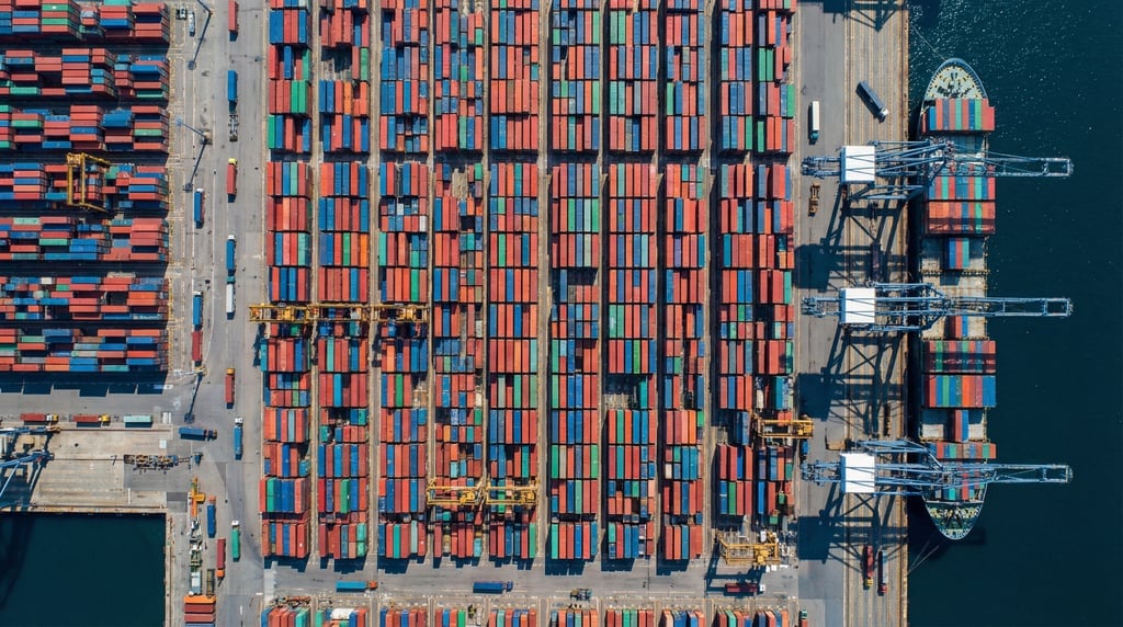 Top-down drone view of a container ship port with colorful stacked shipping containers in red