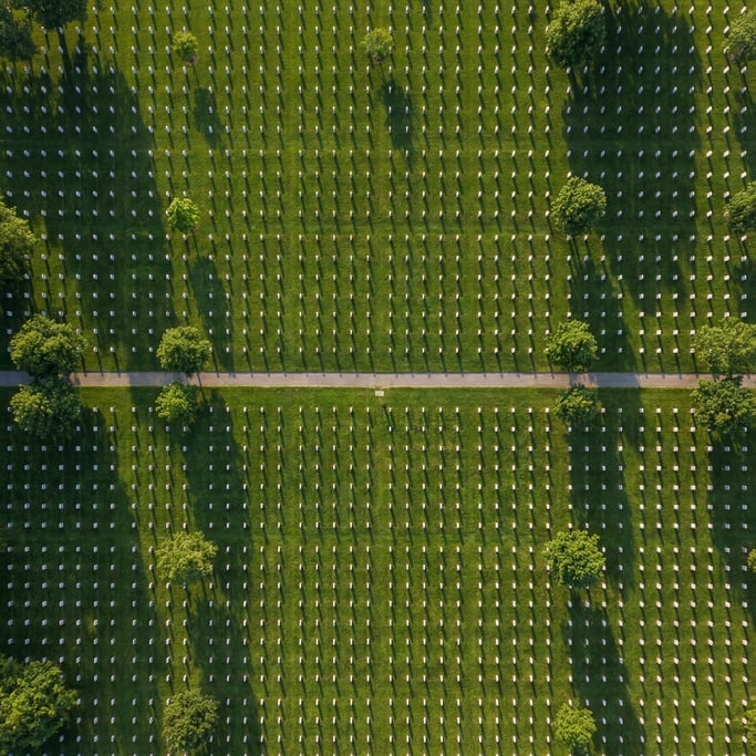Top-down shot of a cemetery from above with hundreds of white headstones in perfect rows on manicure