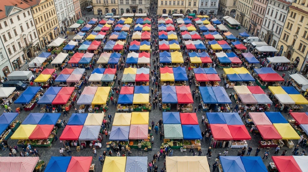 Wide drone shot of an outdoor market with rows of colorful tent canopies in red, blue, yellow