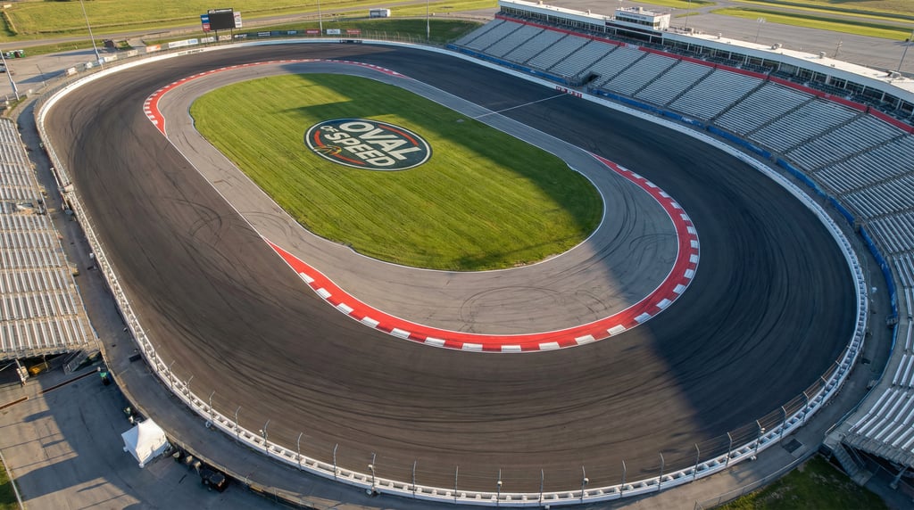 Wide drone view of a racetrack from above showing the smooth dark asphalt oval with painted curbs in
