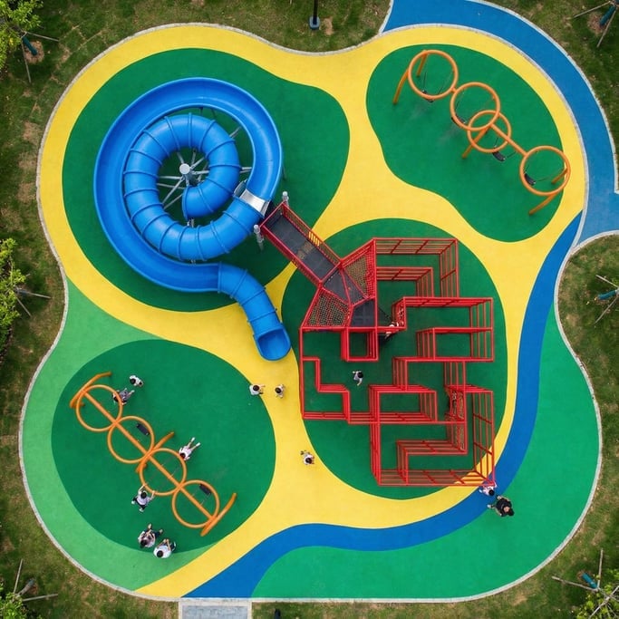 Top-down aerial of a playground from above with colorful equipment creating abstract shapes: a blue